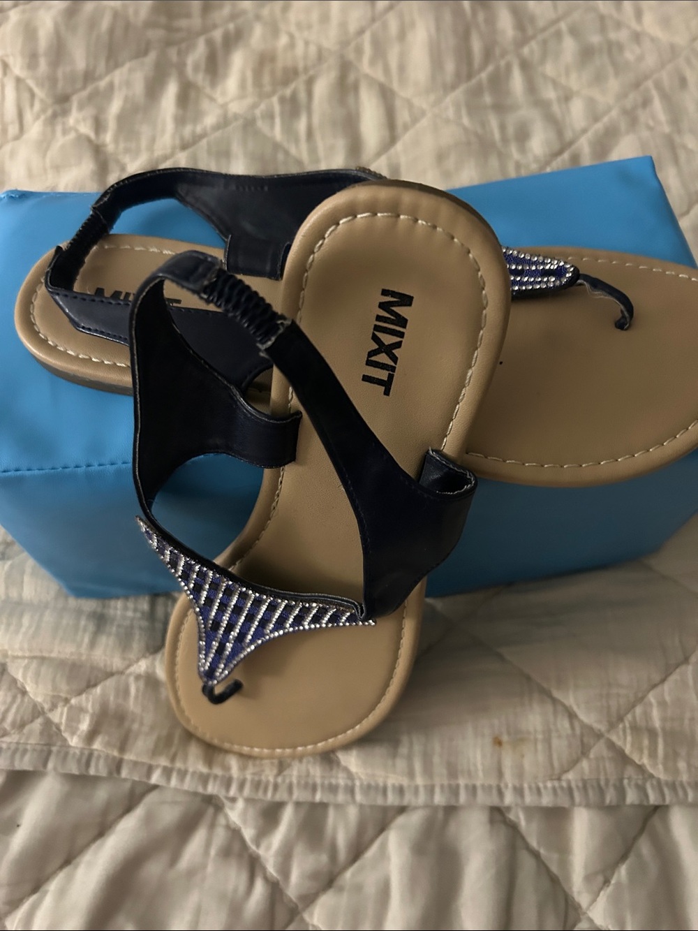 Mixit Navy and Tan Beaded T-Strap Sandals for Women 9-10 size app- size